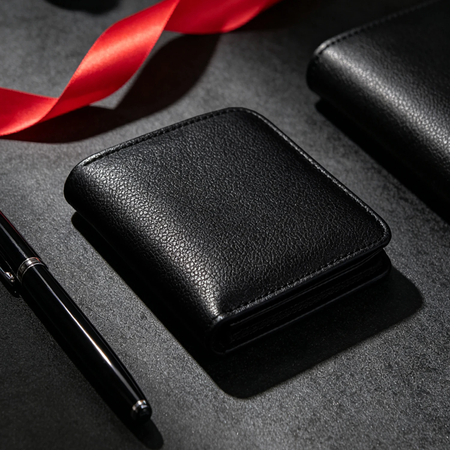 Herren-Geldbörse aus echtem Leder, schmal, zweifach faltbar, mit 3 Kartenfächern, Ausweisfenster, 2 Fächern für Bargeld, leichte, kurze Business-Geldbörse. – Detail 2