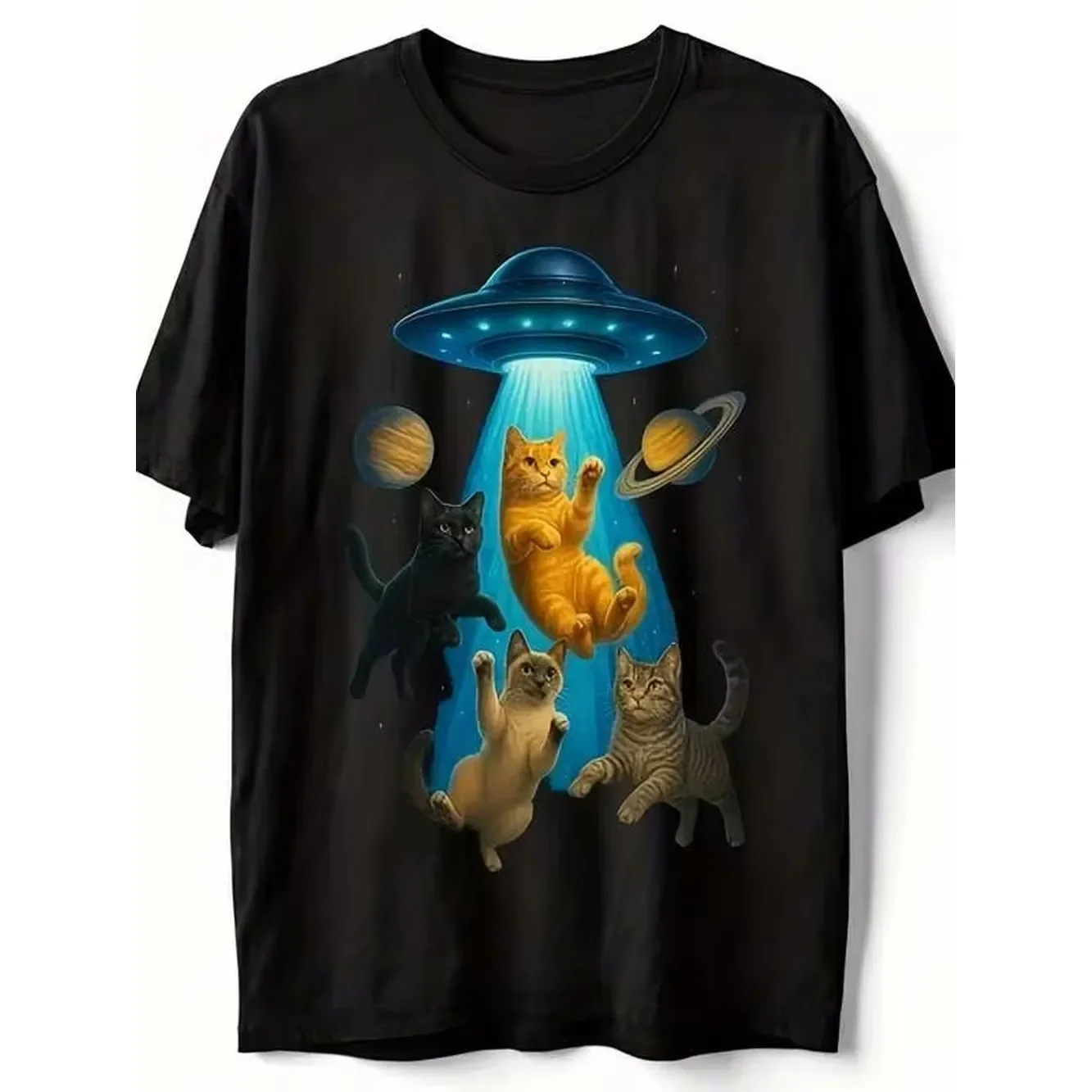 UFO Cats Space Alien T-Shirt Funny Cat Sci-Fi Planet Graphic TeeSame Style For Men And Women 2025 Summer Short-Sleeved Printed T-Shirt Pure Cotton 220G