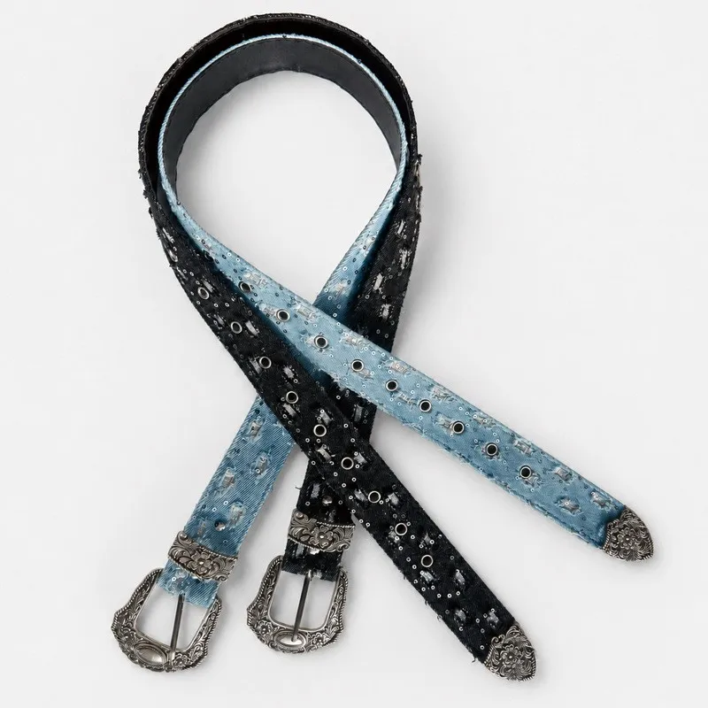 Y2k Retro Belt Western Style Carved Buckle Wide Denim Waist Belt Light Blue Studded Detail Leather Belt Black Cowboy Buckle Belt