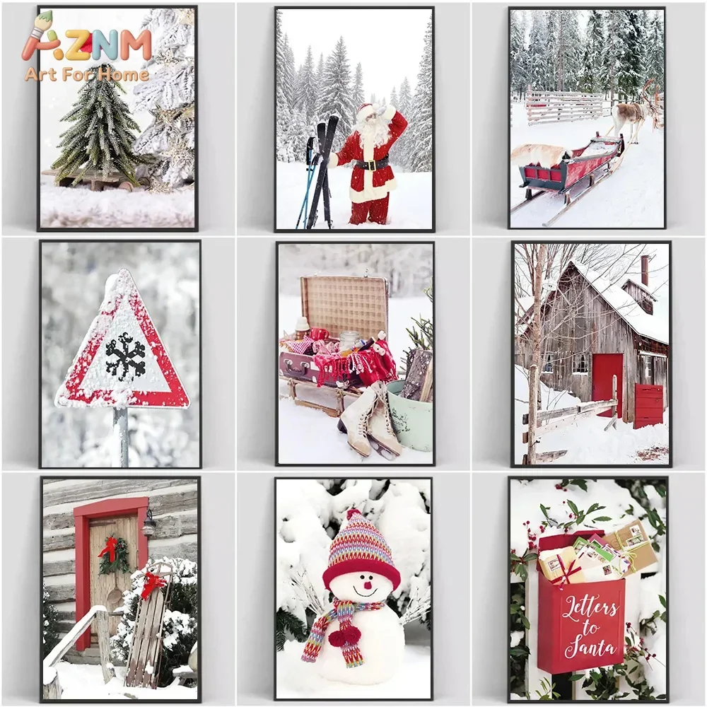 AZNM Rustic Winter Christmas Canvas Wall Art Santa Snowman Cabin Print for Cozy Holiday Home Decor