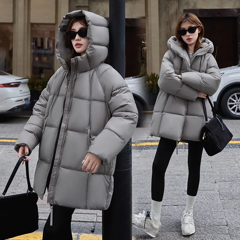 New Female Light Luxury Down Cotton Jacket Winter Warm Cotton Clothes Casual Long Hooded Parker Padded Outerwear Womens Clothing