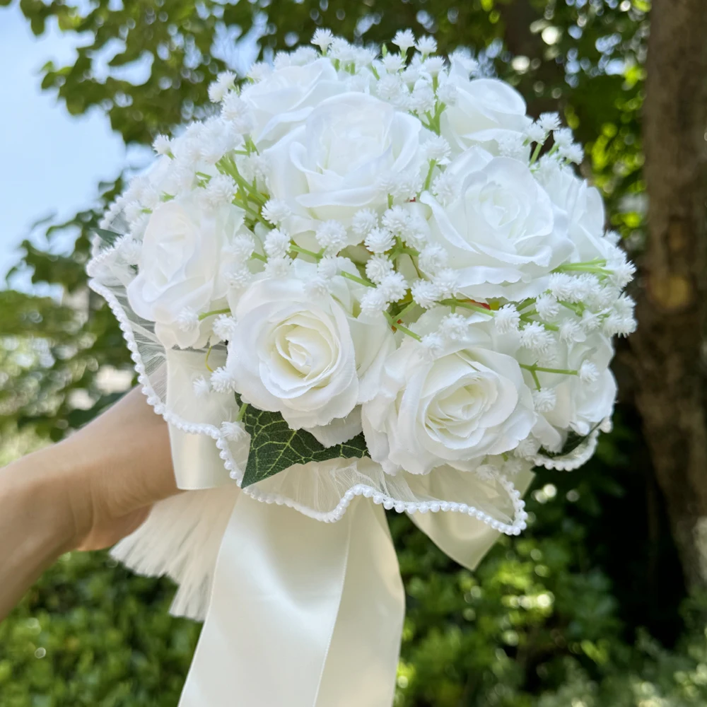 1PC Wedding Bouquets for Bride Silk Ribbon Bridesmaid Bouquets Valentine's Day Decoration Pearl Lace mesh Rose Tossing Bouquet ﻿ image 2
