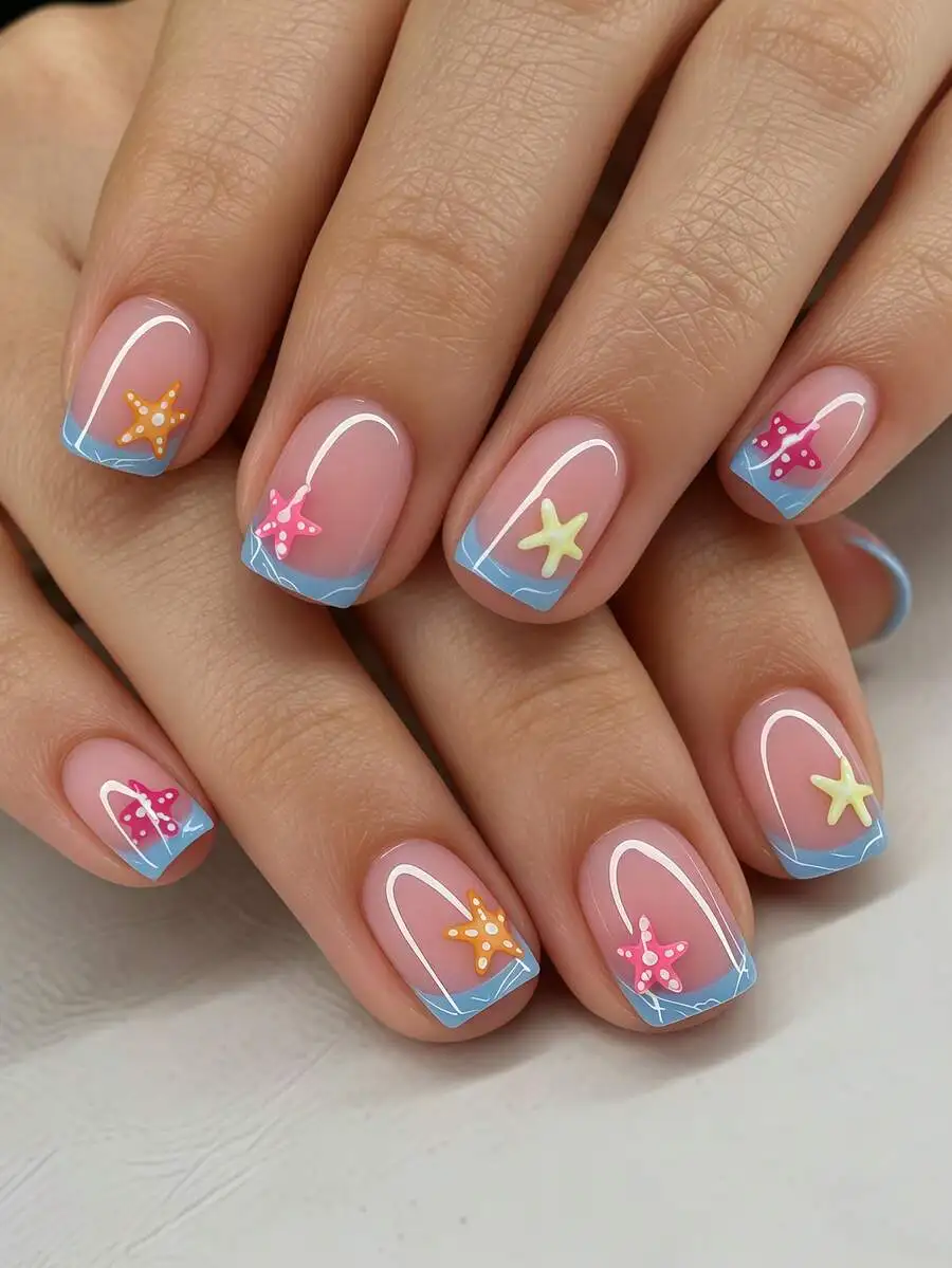 

24pcs short square acrylic nail stickers in blue white wave French style plus rose pink cream yellow starfish patterns with blue