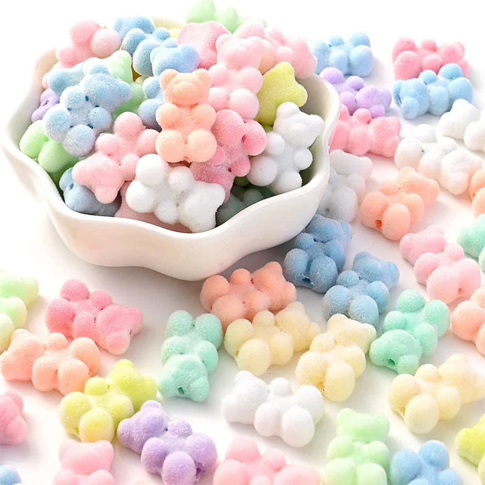 10pcs 12x18mm Makaron Flocking Bear Spacer Beads Vertical Hole Acrylic Beads For Jewelry Making Bracelet Necklace Diy Earring
