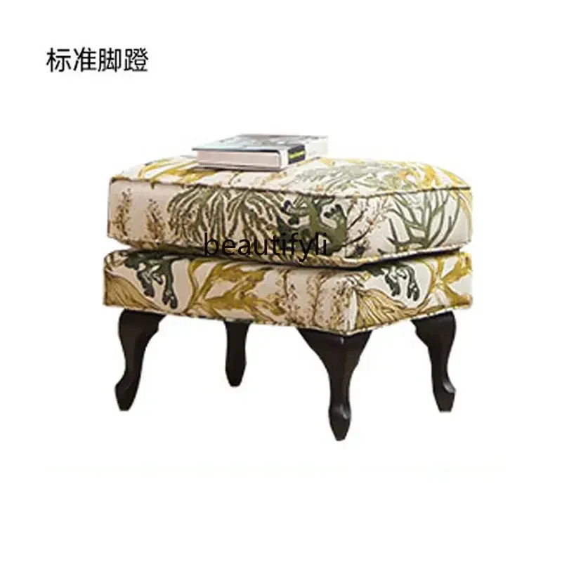 American Retro Living Room Furniture Solid Wood Fabric Wingback Chair Single Leisure Sofa Printed Fabric round Beads Chair
