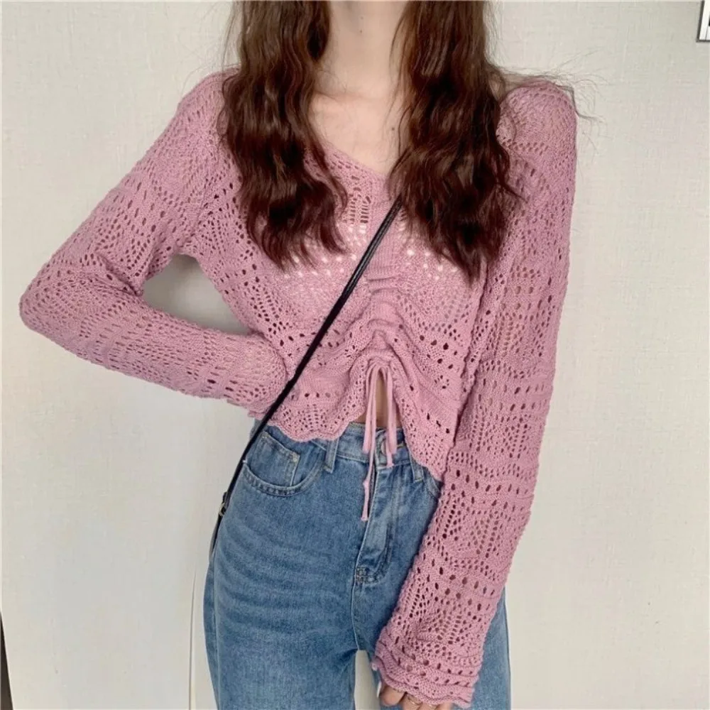

Summer Hollow Drawstring Sun Protection Top Thin V-neck Crochet Knit Top Loose Pullover Long-sleeved Knit Shirt