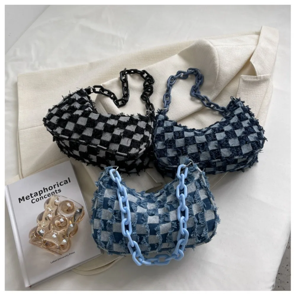 

Vintage Women Casual Shoulder Underarm Bag Plaid Pattern Printing Denim Small Purse Ladies Chain Leisure Handbags