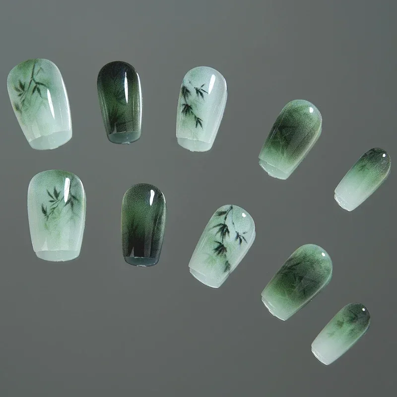 10pcs Chinese-Inspired Bamboo Green Press On Nails-Short Square Shape Glossy Full Cover Reusable False Nails for Women and Girls