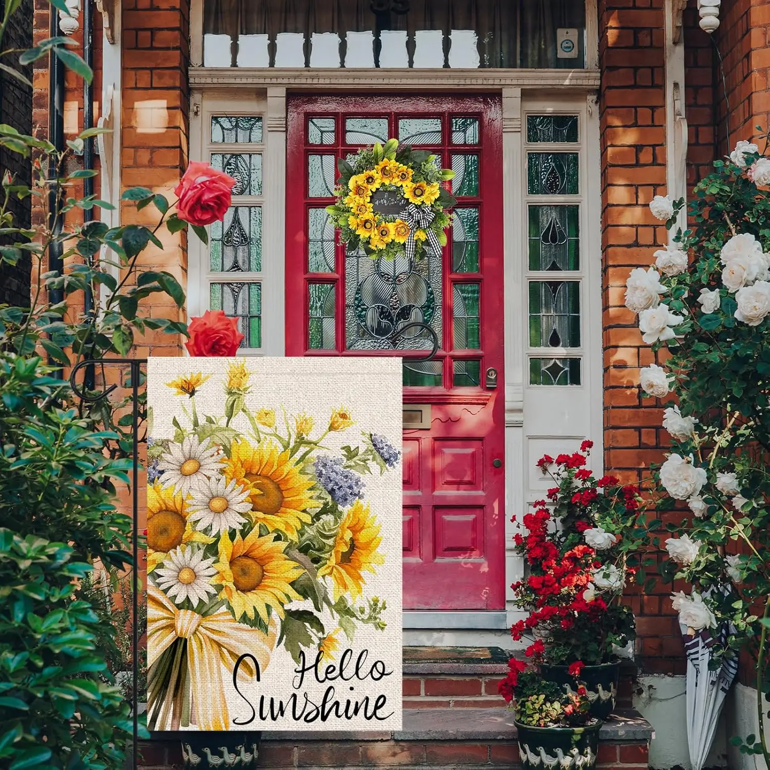 FUYUCHEN Hello Sunshine Summer Garden Flag 12x18 Inch Double Sided Outside Sunflowers Daisy Floral Small Burlap Flag Yard Fa uui