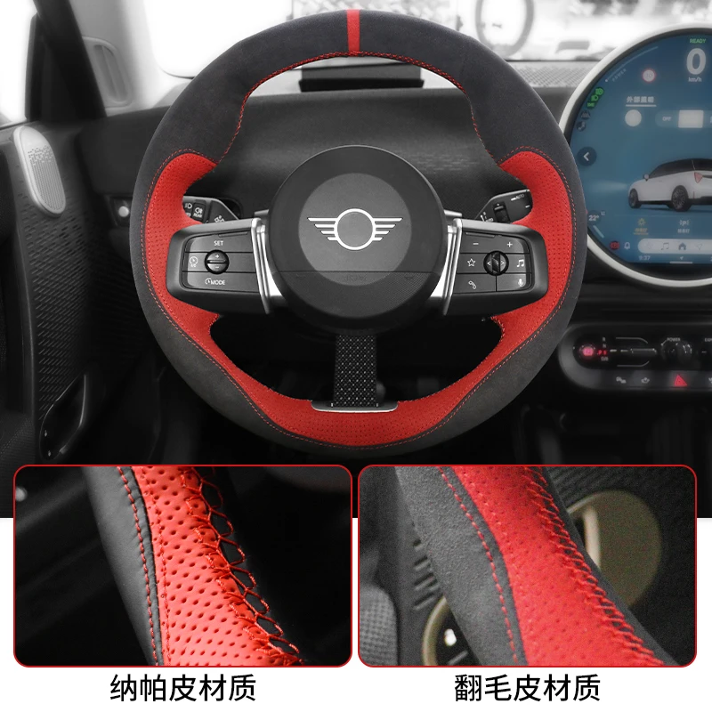 DIY Full coverage Sports style Steering Wheel Cover for Mini Cooper S Countryman U25 F65 F66 2024 2025 red leather Accessorie