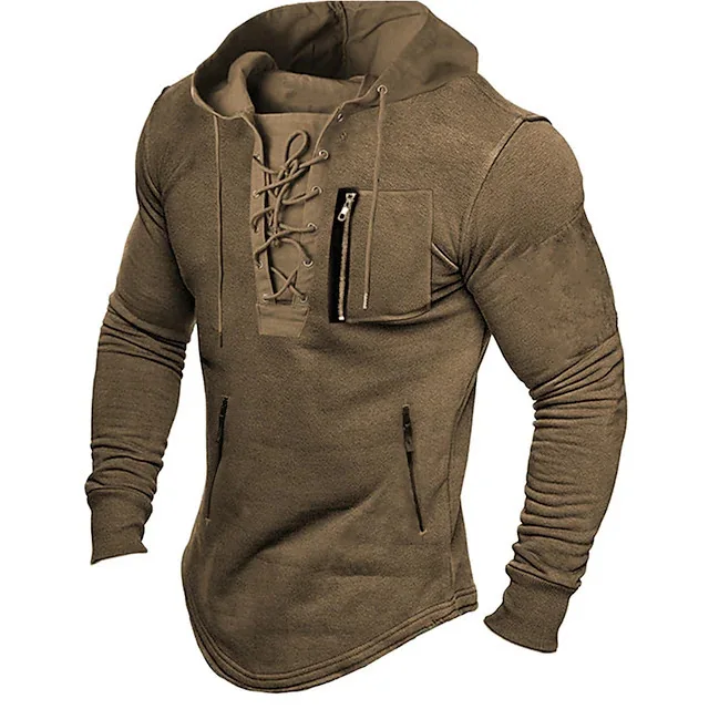 2025 Men Autumn Spring Top Lace Up Drawstring Solid Color Long Sleeve Zipper Pockets Pullover Streetwear Men Mid Length Hoodie