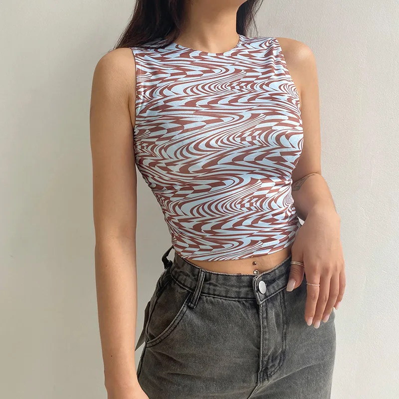 

Summer Sexy Crop Top Y2k Green Brown Sleeveless Ripple Print Streetwear Club Outfits Tanks Sheath Sexy Summer Tops Women