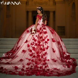 Red Appliques 3D Flower Quinceanrra Prom Dresses Glitter Sequins Pearls Princess Customized Charming Sweet 16 Dress Vestidos