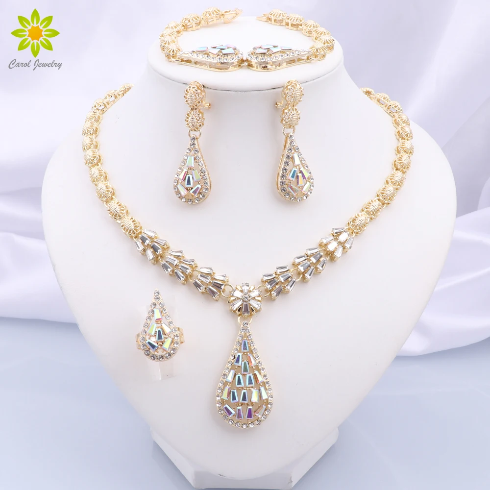 Dubai Gold Color Jewelry Sets Water Drop Pendant Necklace Earrings Ring Bracelet Classic Design 4Pcs Set Party Jewelry