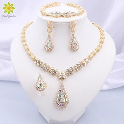 Dubai Gold Color Jewelry Sets Water Drop Pendant Necklace Earrings Ring Bracelet Classic Design 4Pcs Set Party Jewelry