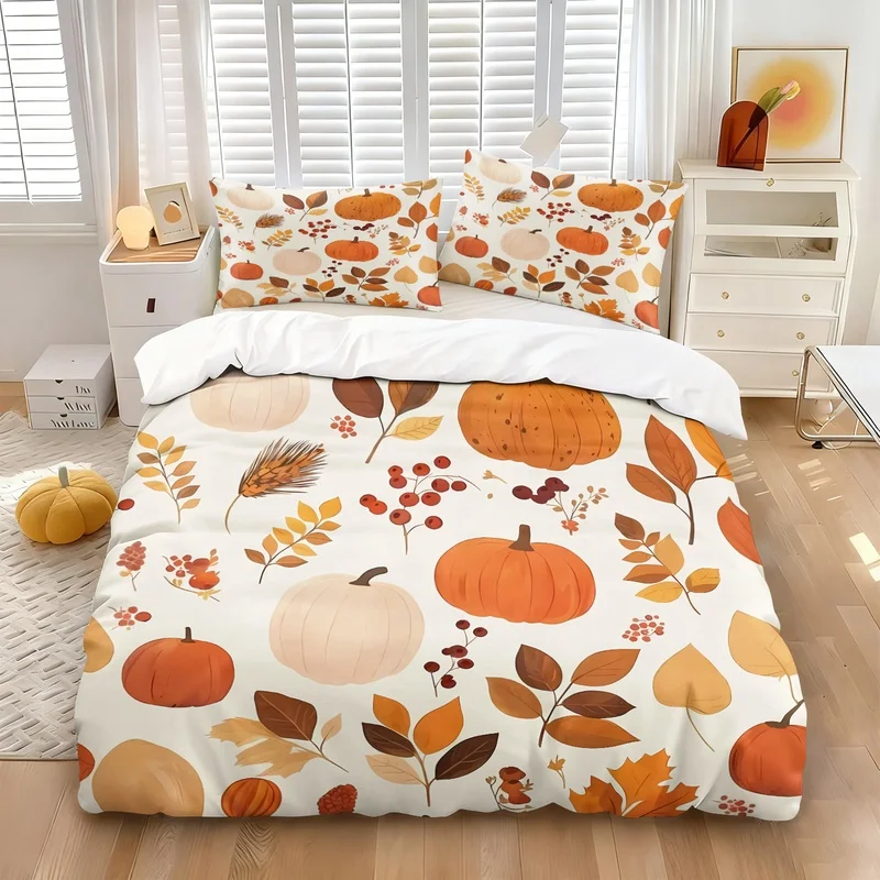 2/3Pcs Fall Pumpkin Maple Leaf Print Duvet Cover Set(1-2 Pillowcases)Soft Breathable Bedding Set for Thanksgiving Bedroom Decor
