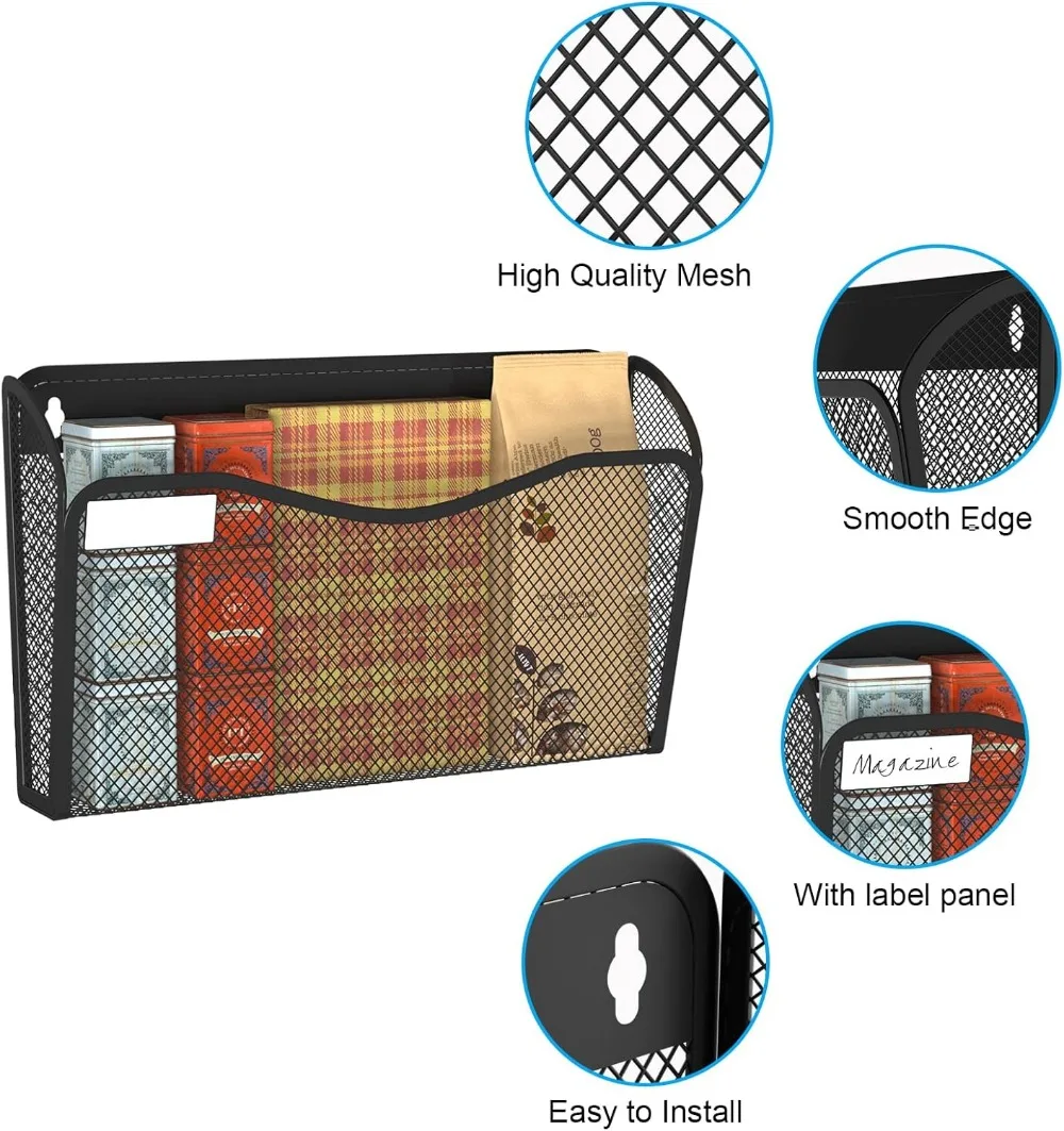 Mesh Wall File Organizer with 6 Pockets for Home Office Storage, Easy Install Metal Document Rack