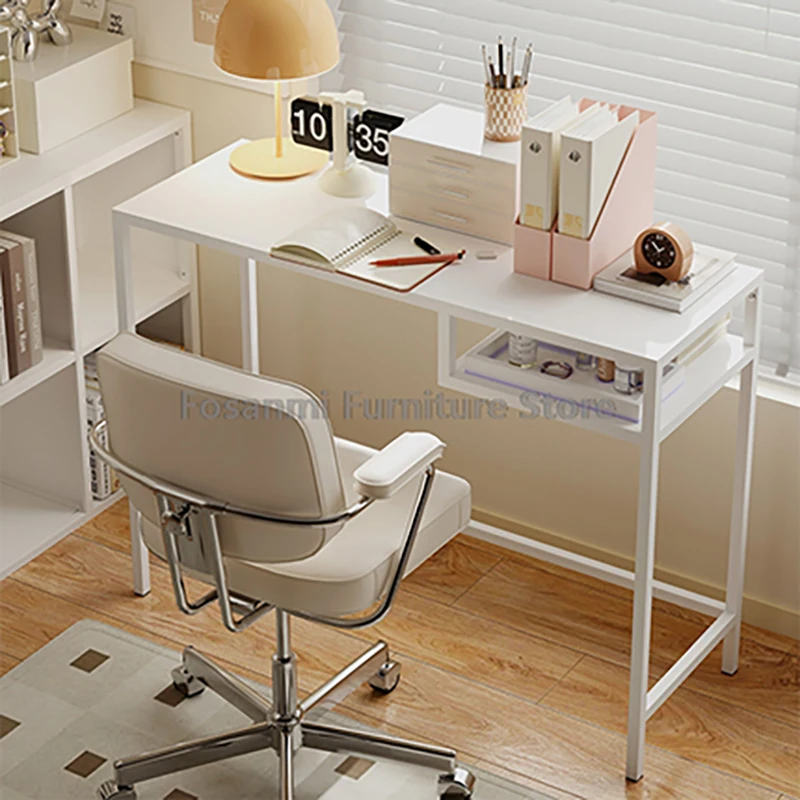 Minimalistischer Computertisch mit weißem Metallrahmen, Eisen, Arbeitszimmer, Gaming, platzsparender Tisch für Schlafzimmer, kompakte Büroschreibtische mit Stauraum