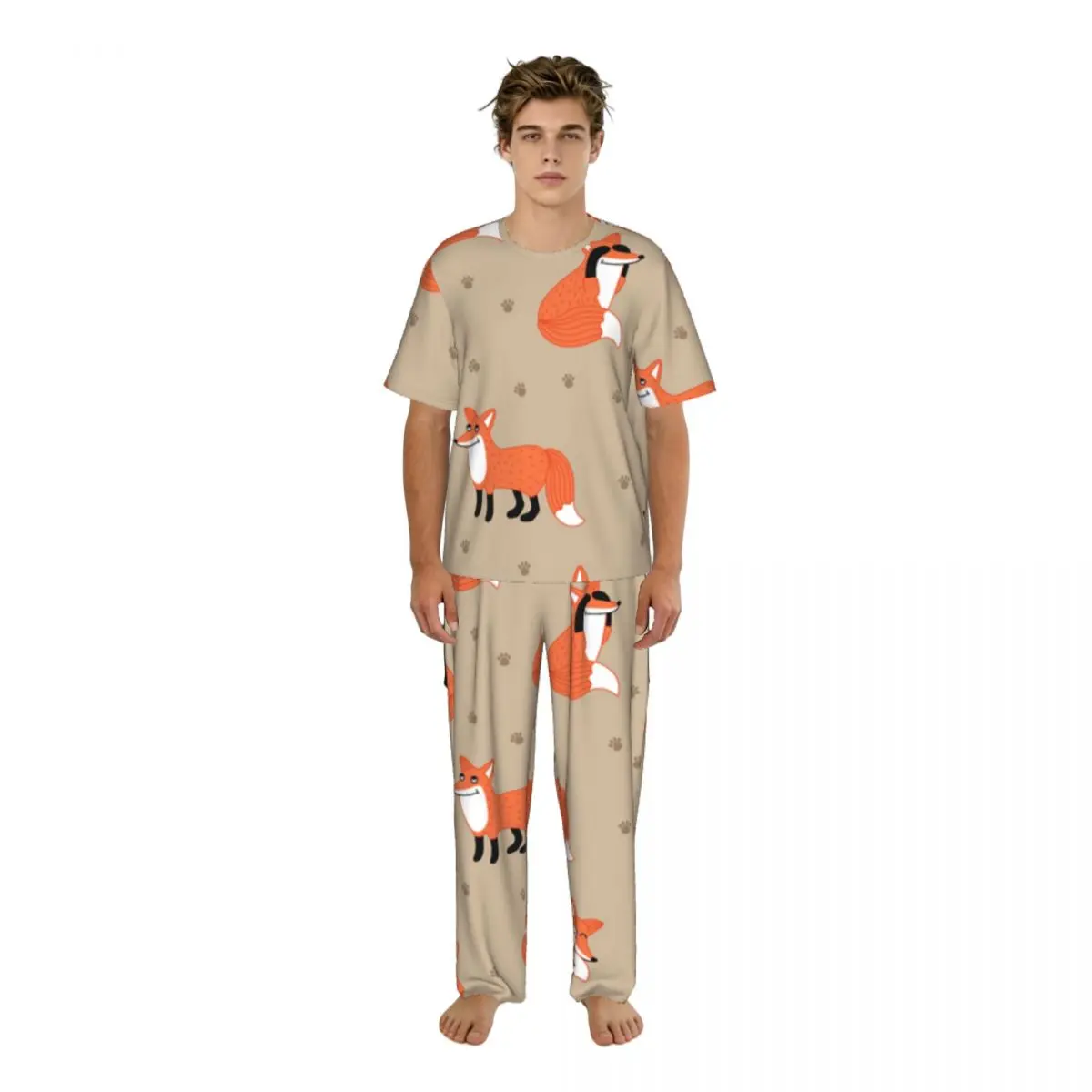 

Men Pajamas Suit Short Sleeved Long Pants Funny Fox Pattern Sleepwear Summer Home Clothing Set