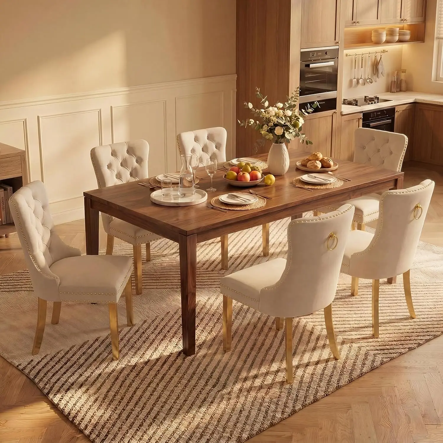 Beige Velvet Dining Chairs Set 6, Tufted Wingback Gold Metal Legs, Kitchen Room Padded Seat Nailhead Trim Ring Pull, Customized