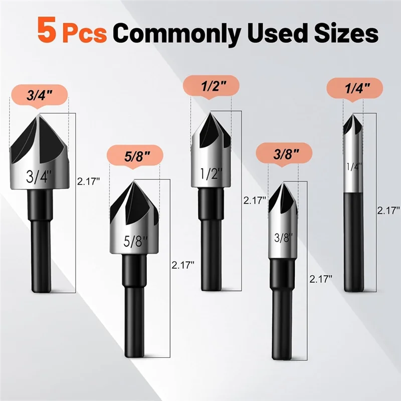 ABVJ-Feanron Counter Sink Bit Set 4241, 5 ชิ้น 1/4 นิ้ว Shank HSS เจาะ Bits สําหรับเหล็ก, ไม้