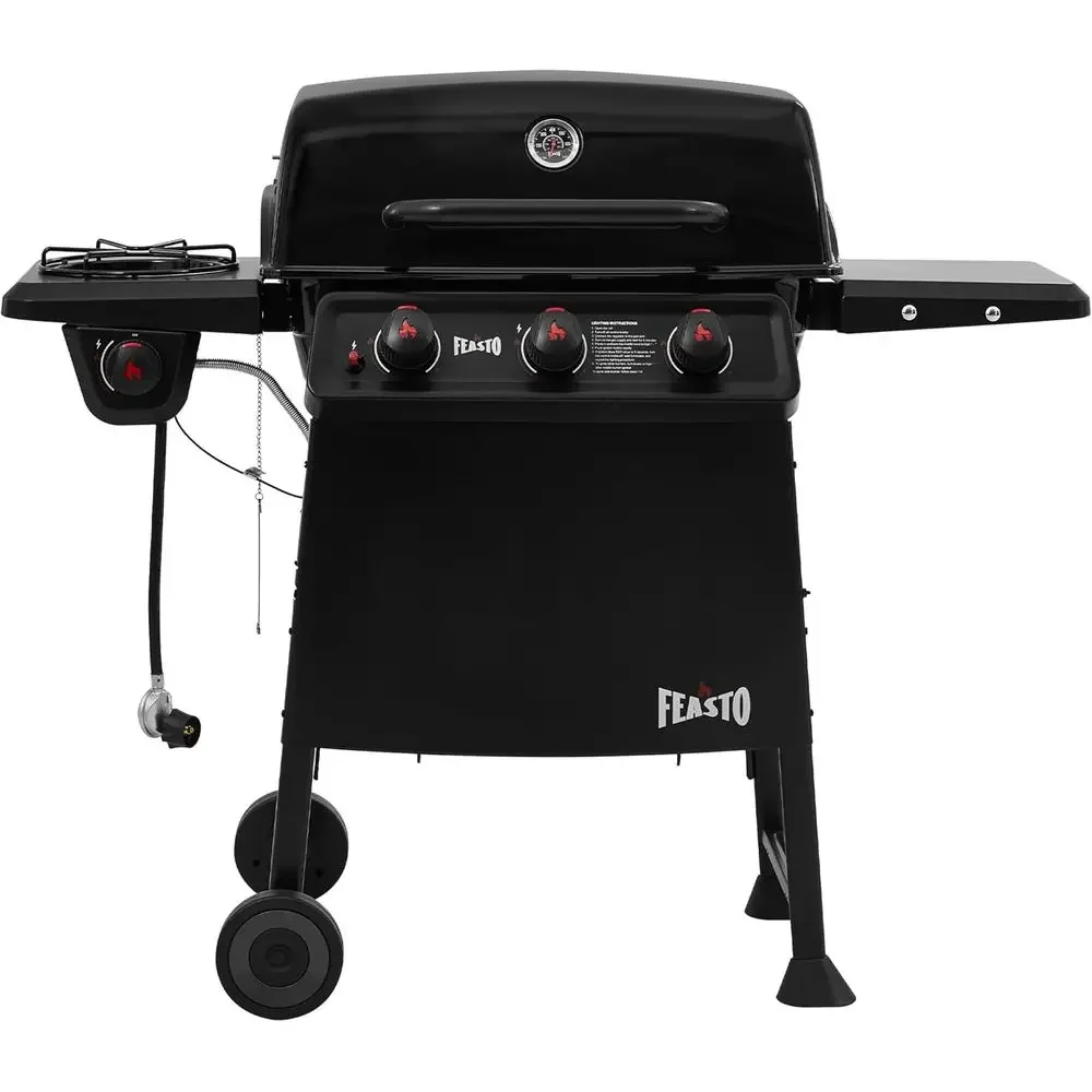3-Burner Propane Gas Grill with Side Burner, Porcelain-Enamel Construction, 38,000 BTU Output, Ideal for Outdoor Patio and Pools
