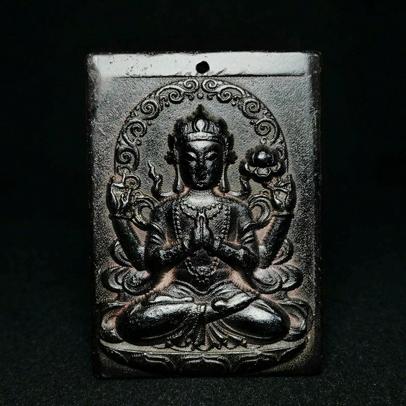 YIZHU CULTUER ART Size 8.8×6.3×1.5cm Chinese Hongshan Culture Black Magnet Jade Carving Four-armed Buddha Pendant Collection