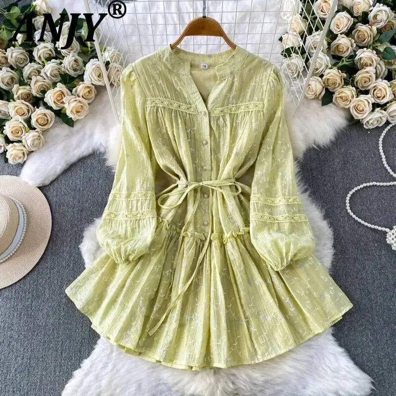 

ANJY Spring Summer New Women Heavy Diamonds Patchwork Lace-Up O-Neck Single Breasted Long Sleeve Elegant Chic Short Dress A23930