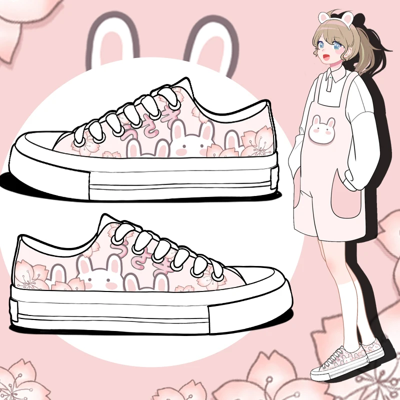 

Amy and Michael Lovely Anime Bunny Hand Painted Canvas Shoes Sweet Girls Students Casual Flat Low Top Sneakers Women Trainers