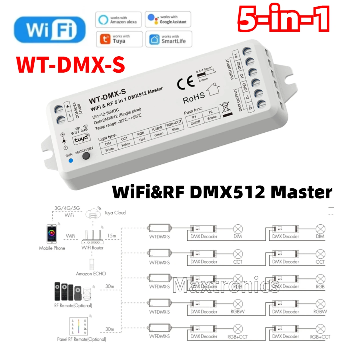 5-in-1 WiFi&RF DMX512 Master WT-DMX-S TUYA APP Control 5CH DMX Signal Output For Single Color RGB RGB+CCT RGBW LED Light 12-36V