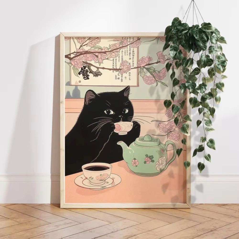 Japanese Cat Print,black Cat Poster Bundle,zen Bathroom and Food Cat Print,simple Japanese Decor Frameless,gift for Cat Lovers