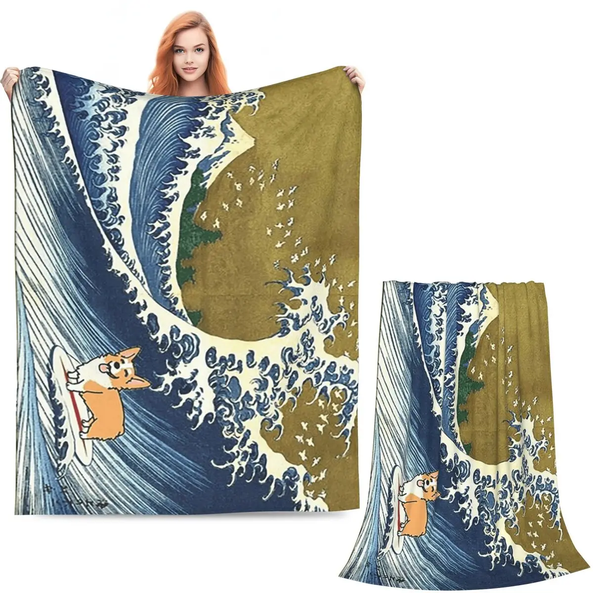 Corgi Dog Surfing The Great Wave Blanket Soft Warm Flannel Throw Blanket Plush for Bed Living room Picnic Travel Home Sofa