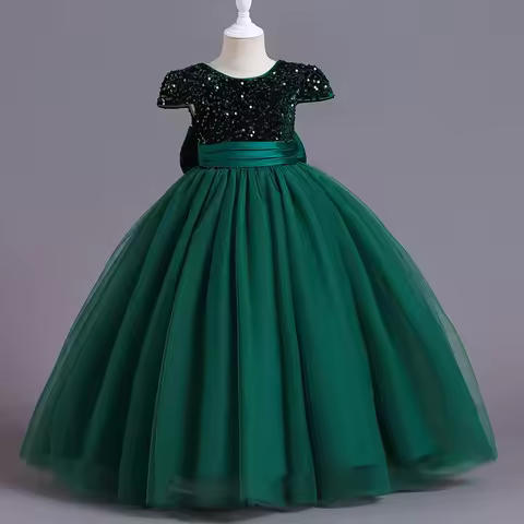 Autumn and Winter Girls' New Sequin Bow Long Mesh Fluffy Dress Christmas Halloween School Graduation Fashion Evening Dress