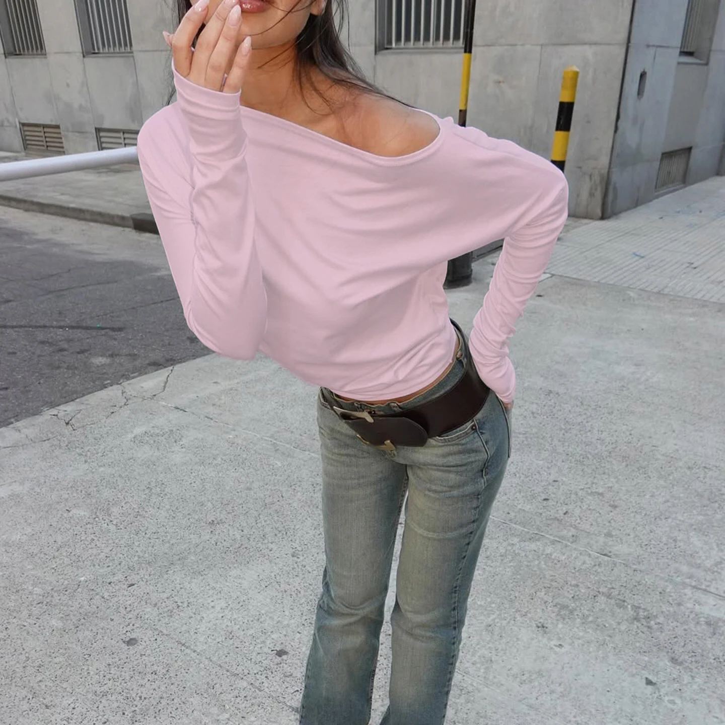 SUCHCUTE Y2K Women Asymmetrical Off Shoulder Long Sleeve Shirt Draped Batwing Design Side Ruched Waist Casual Going Out Top Chic