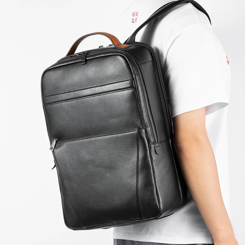 Genuine leather men's simple and high-end travel backpack, large-capacity multi-functional 16-inch waterproof computer bag
