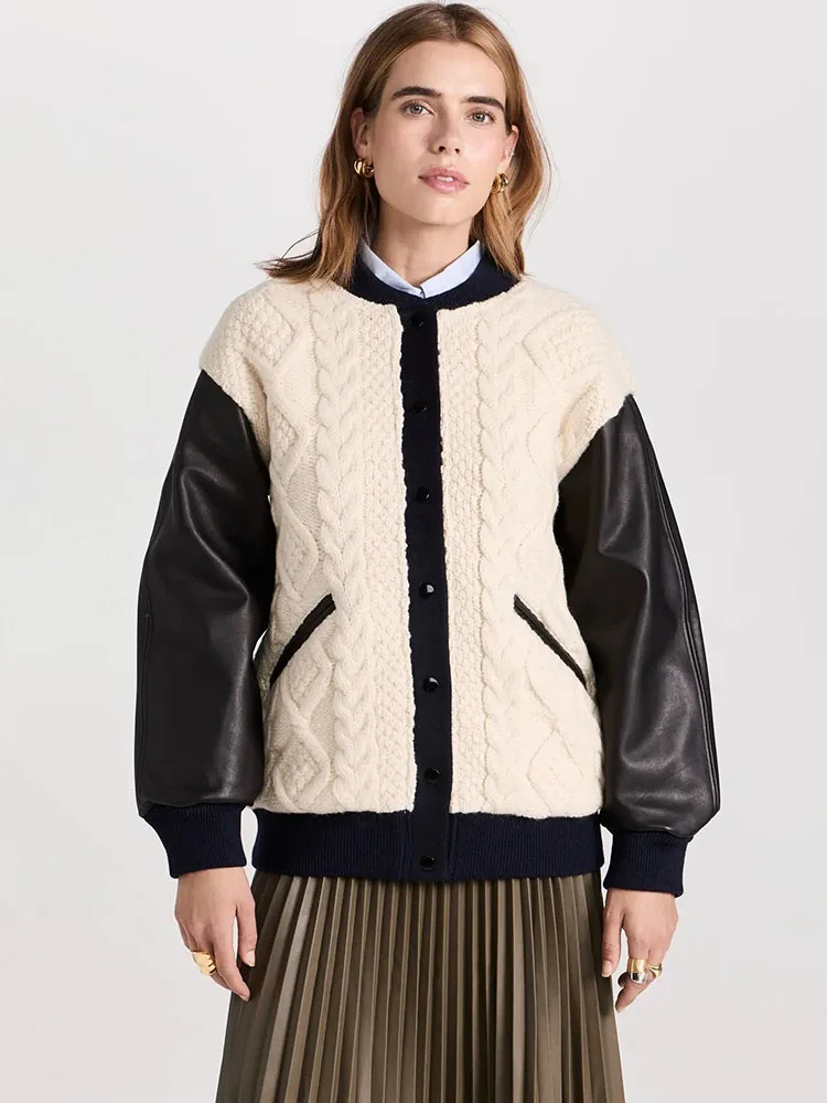 Veste en laine patchwork de cuir à manches longues pour femmes, manteaux décontractés amples, vêtements d'automne et d'hiver, Y2K, Promo 107, 2024