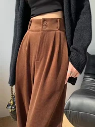 Corduroy Wide Leg Pants Women Autumn and Winter New High Waist Straight Trousers Fashion Double Buckle Plush Warm Black Pants