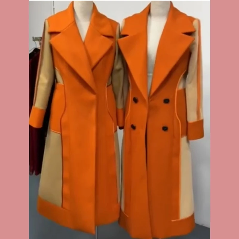 2023 autumn and winter new color contrast coat women\'s Lapel over the knee medium length Plush thickened fashion temperament wom