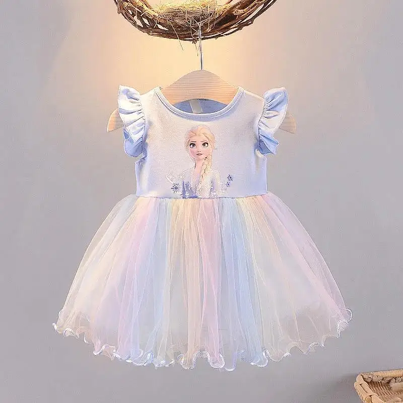 Vestidos de princesa de Frozen infantil, mangas voadoras, roupas de festa, roupas de bebê meninas, verão, novo, 2024