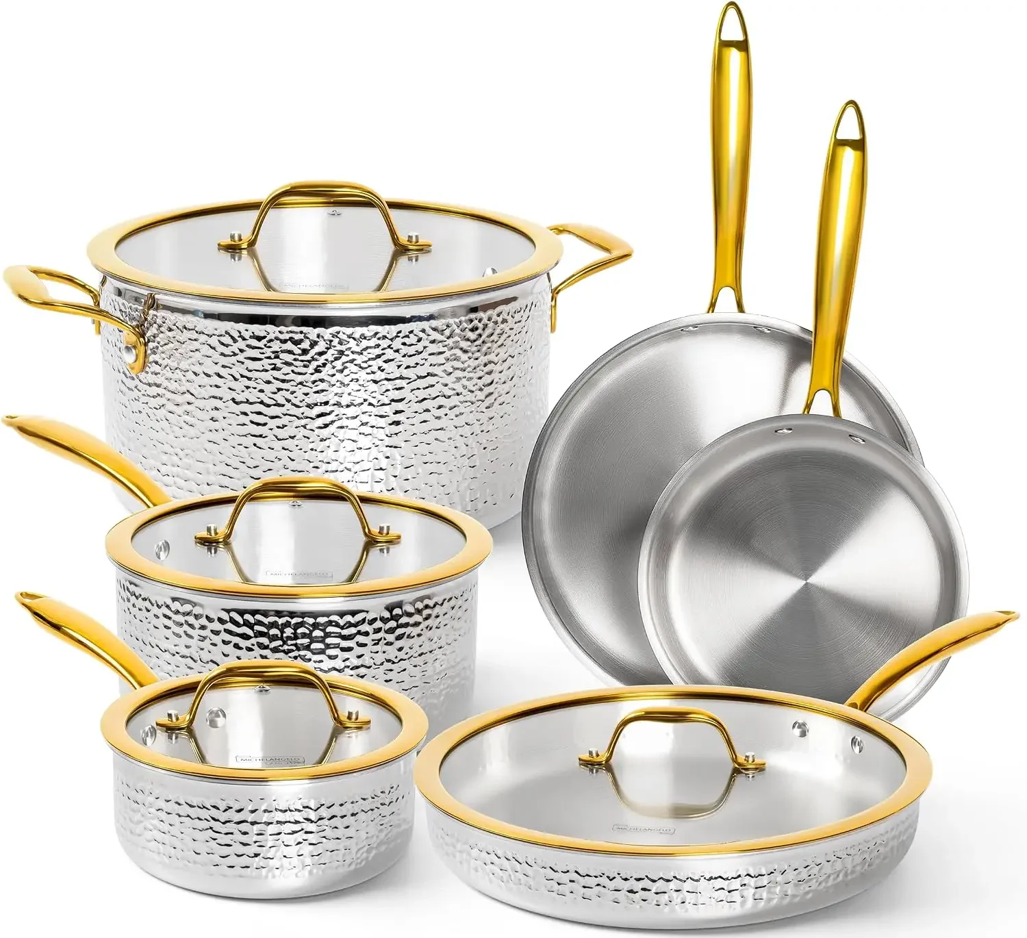 Triply Stainless Steel Pots and Pans Set, 10-Piece Hammered Stainless Steel Cookware Set with Golden Handle, Premium Induction K