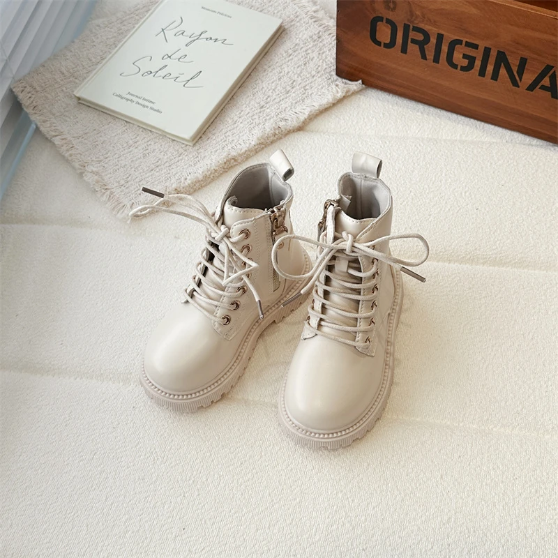 

Новые классические детские ботильоны, весенне-осенние простые повседневные кожаные ботинки для девочек, черные, бежевые модные детские школьные ботинки на платформе