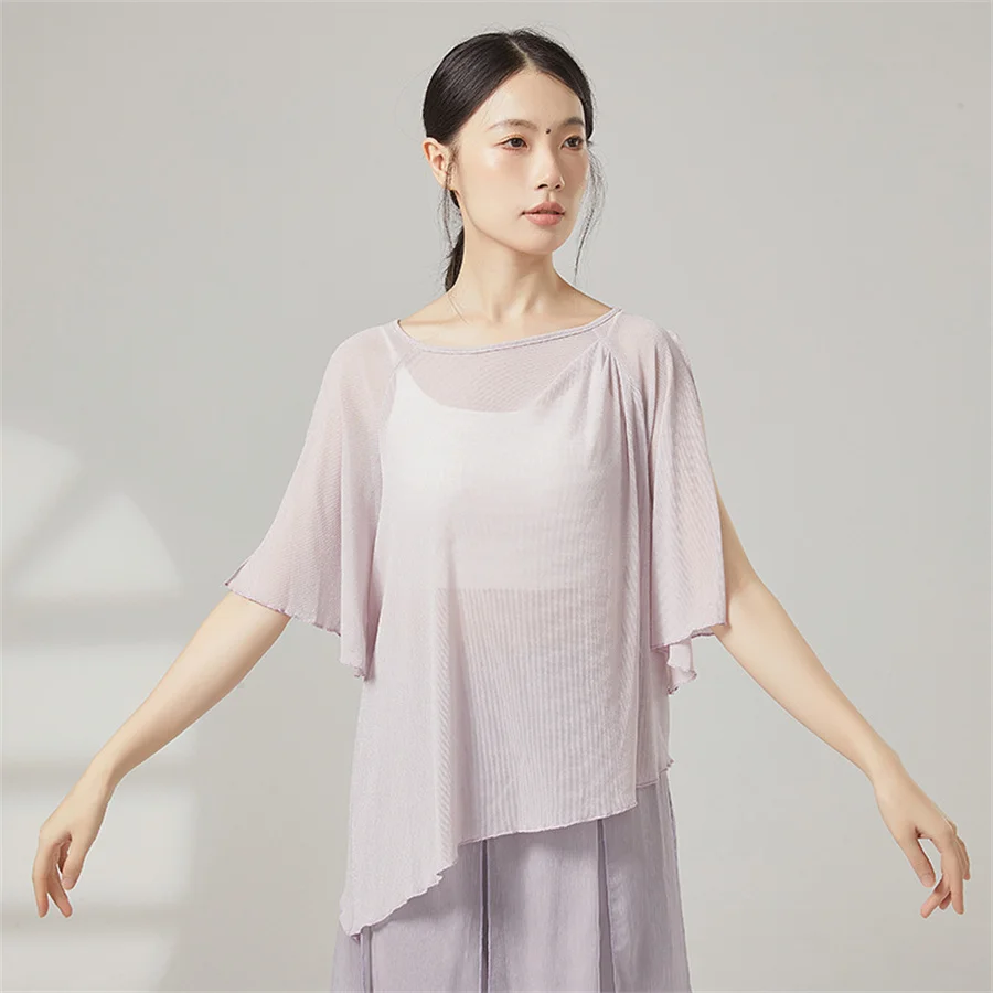 Women Classical Dance See Through Shirt Elegant Short Sleeve Mesh Female Ballet Practice Clothes Female Modern Dance Costume
