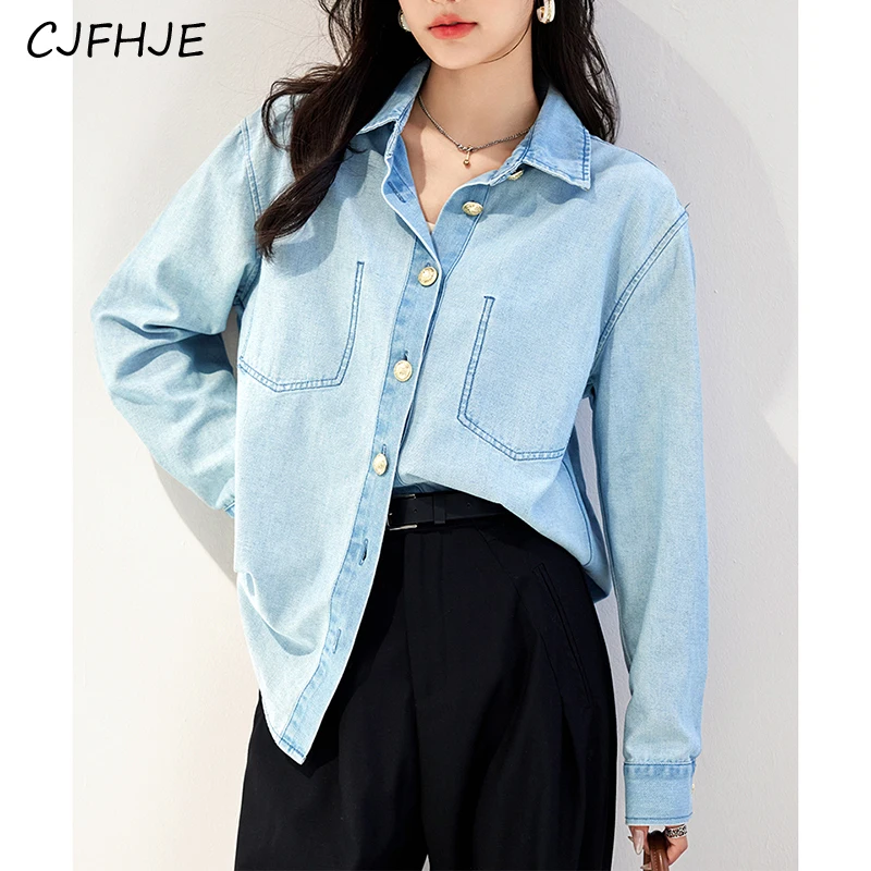 

CJFHJE Korean Version Fashion Women's Lapel Denim Shirt Spring Retro Versatile Loose Fitting Women Casual Solid Color Shirt Top