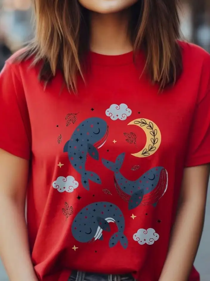 

Seaside Elements, Unique Pattern, Y2k Graphic Tee, Women's Oversized T-Shirt, Cute Hand-Painted Shark, Korean Style Art, Summer