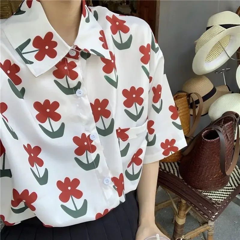 Prairie Chic Floral POLO Shirt Women Summer New Loose Casual Thin Pocket  Single Breasted Short Sleeve Blouse