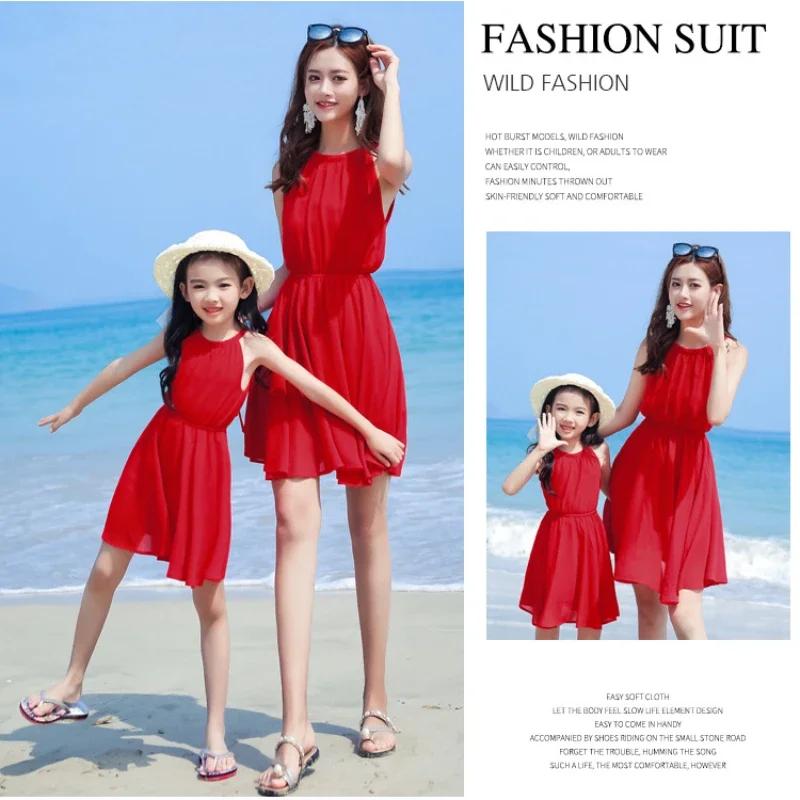 Vacation Look Mother and Daughter Red Dress Summer Holiday Mom and Baby Girl Elegant Dresses Beach Mummy and Me Equal Clothing