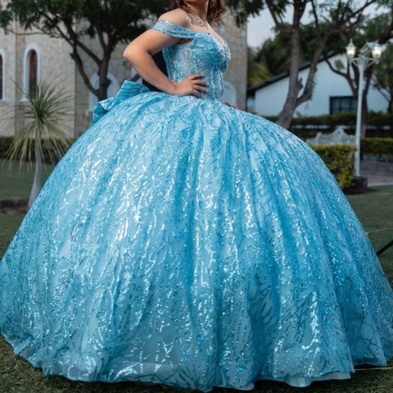 

Shiny Blue Quinceanera Dress off-shoulder Crystal Glitter Decal Long tail Bow vestidos de 15 Quinceanera ﻿Customize