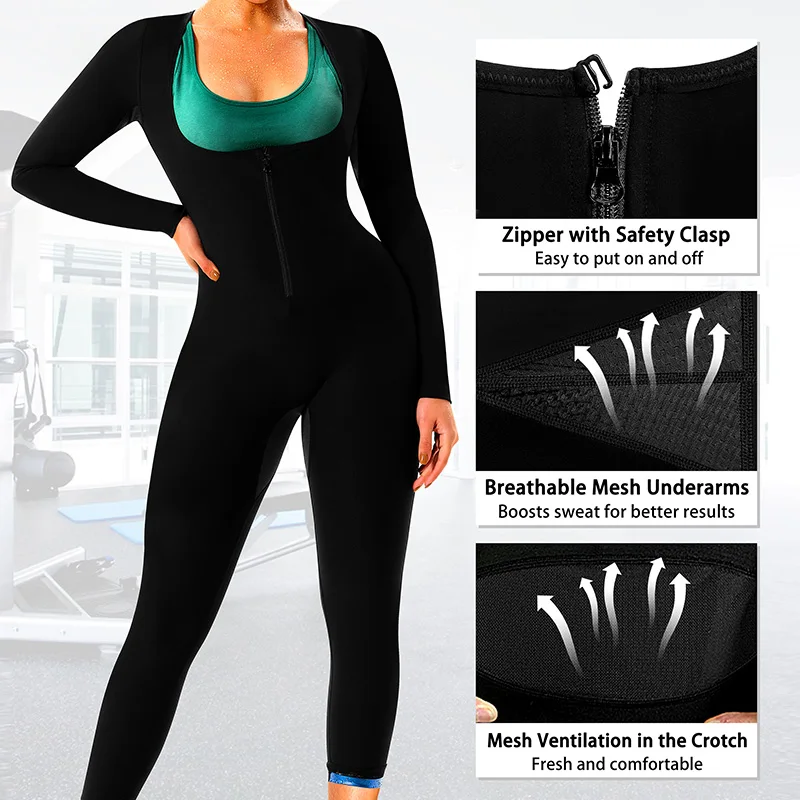 Women 3-in-1 Long Sleeved Shorts Body Shaper Sauna Sweat Suit for Adult Fat Workout Weight Loss Slimming Waist Trainer Jumpsuits