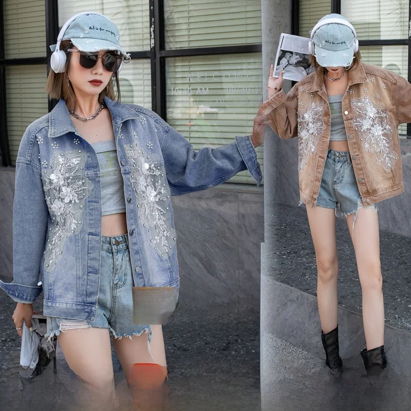 Women's Denim Jacket Spring Design Sense Pearl Embellished Casual Coat  Collar Button up Long Sleeve Loose Fit Outerwear