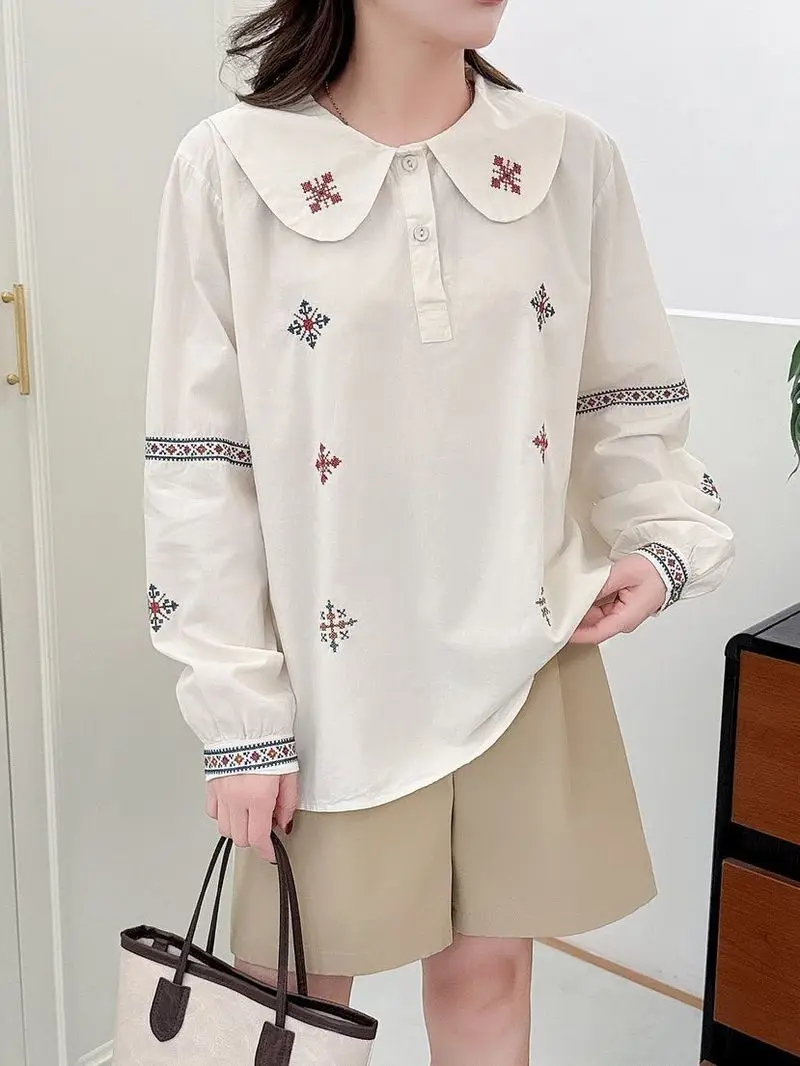 New 2026 Autumn Women Cotton Long Sleeve Shirt, Turn-down Collar Embroidery, Mori Girl Japan Preppy Style Loose Blouse T68846CC